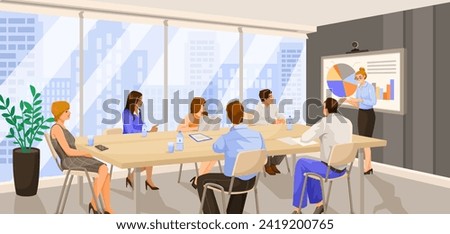 Staff meeting at long desk on presentation in office room. Manager stands near financial diagram. Team work on conference. Business training, discussion and brainstorming seminar. Vector illustration