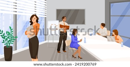 Staff meeting at long desk on presentation in office room. Manager stands near financial diagram. Team work on conference. Business training, discussion and brainstorming seminar. Vector illustration