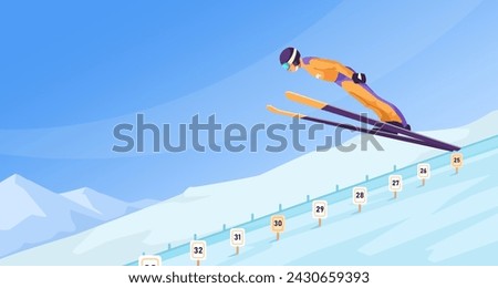 Trained sportsman wearing warm orange sport suit and goggles doing ski jumping on track. Picturesque landscape view. Snowy mountain in the background. Healthy lifestyle activity. Vector illustration