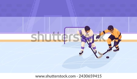 Sportsman from different team are playing hockey, competing on friendly match without spectators. Winter games competition. Concept of sport activity and healthy lifestyle. Vector illustration