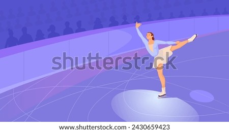 Woman doing figure ice skating at closed rink arena. Winter olympic sport, sportsman ride using skate. Competition and performance concept. Healthy lifestyle. Vector illustration