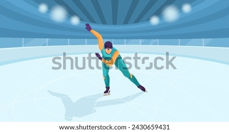 Person ice skating at closed rink arena. Winter olympic sport, sportsman ride using skate. Competition and performance concept. Healthy lifestyle. Vector illustration