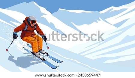 Man wearing warm sport suit and goggles skiing downhill. Picturesque landscape view. Snowy mountain in the background. Winter resort ski outdoor activity. Healthy lifestyle. Vector illustration