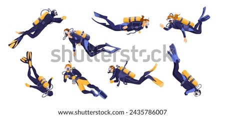 Scuba diving preparing for immersion on bottom of sea. Set of female and male divers in various positions. Concept of exploration and development. Isolated on white background. Vector illustration