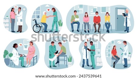 Set of routine hospital plots. Collection of images with therapist, surgeon, male and female nurse treating patient from disease. Concept of medical help. Vector illustration