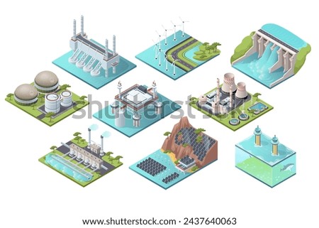 Set of various energy stations. Collection of nuclear, geothermal, hydroelectric, biomass, hydrogen, wave and tidal power. Isolated on white background. Isometric vector illustraiton