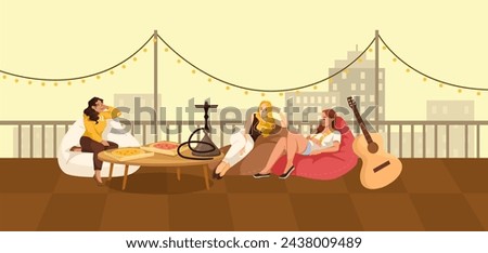 A group of individuals are enjoying leisure on bean bag chairs, sitting on a rooftop taking in the entertainment of a musical instrument event. Vector illustration