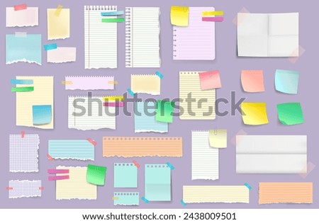 Set of rectangular notes, office stickers in different colors of paper glued on a purple board background. Big collection of different sticky notes on work place. Notebook sheets. Vector illustration