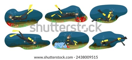 Set of scuba diving plots on the bottom of the sea. Collection of beautiful seascape fauna, coras, algae. Divers are exploring ocean nature. Concept of exploration and development. Vector illustration