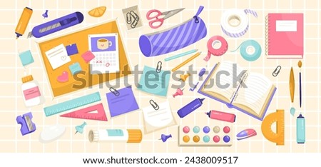 Collection of various school supplies. Set of pencil box, pencil, pen, duct tape, notebook, scissors, ruller, calculator, palette, paper clip. Isolated on tiled background. Vector illustration