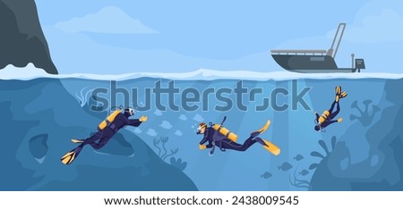 Scuba diving on the bottom of the sea in cold water from the boat. Beautiful seascape fauna, corals, algae. Divers exploring ocean nature. Concept of exploration and development. Vector illustration