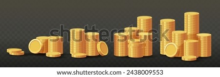 Stack of gold coins. Shiny golden coins in five stacks with another falling down. Finance, investment and savings concept. 3D Money cash bank finance isolated on black background. Vector illustration