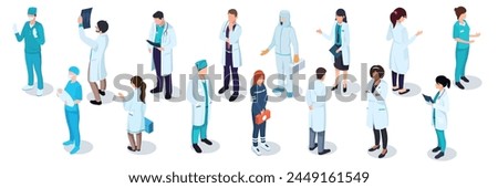 A variety of medical professionals in isometric style, set on a plain white background, illustrating healthcare and teamwork. Vector illustration