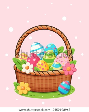 A basket filled with colorful Easter eggs and flowers, vector illustration, pink background, concept of Easter celebration. Vector illustration