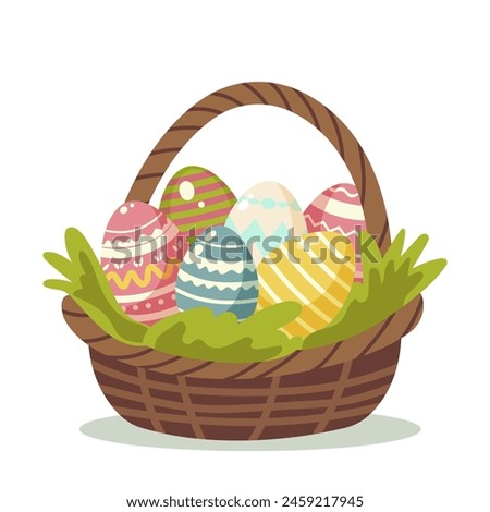 A basket filled with colorful decorated Easter eggs on a white background, vector illustration of Easter celebration. Vector illustration