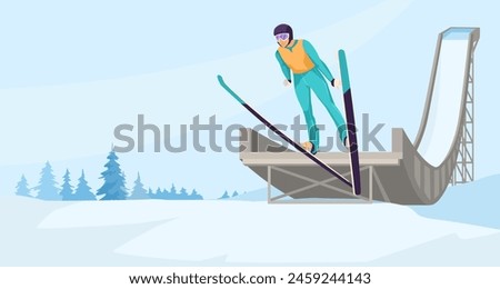 A vector illustration of a ski jumper about to launch off a ramp in a snowy mountain landscape, conceptualizing winter sports. Vector illustration