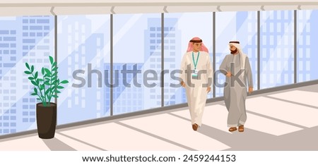 Two men in traditional Arab attire walking in an office setting, vector illustration, light cityscape background, concept of business. Vector illustration