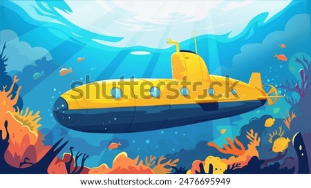 A yellow submarine under the ocean with fish and coral, in a cartoon style, with a blue background. Concept of an underwater adventure. Vector illustration