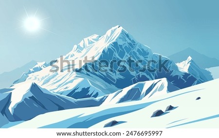 Snow-covered mountains under a bright sun on a clear blue sky background. Concept of winter. Vector illustration