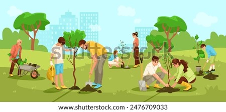 A group of people planting trees in a park, cartoon graphic style, cityscape in the background. Concept of community gardening and environmental conservation. Vector illustration