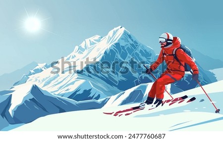 Skiing man in red outfit on snowy mountain with clear blue sky, Vector illustration