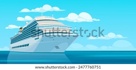 Illustration of a cruise ship on calm water, with a clear sky and clouds in the background. Concept of travel and vacations. Vector illustration