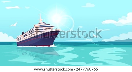 Cruise ship on the ocean with seagulls flying, in a vector illustration style, against a clear sky. Concept of travel and vacation. Vector illustration