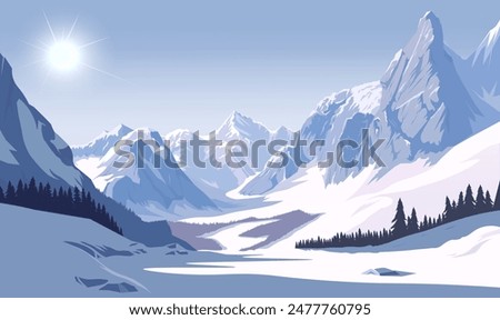 Snow-covered mountain landscape with trees under a bright sun, in vector graphic style, on a clear blue sky background. Concept of natural winter scenery. Vector illustration