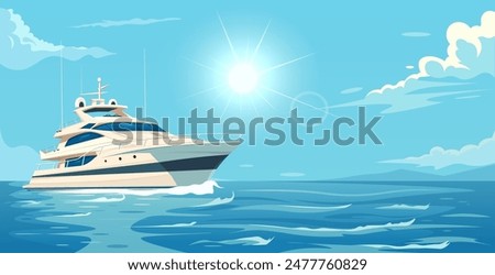 Modern yacht cruising on the open sea, bright sunny day with a clear sky and scattered clouds. Concept of luxury travel and relaxation. Vector illustration