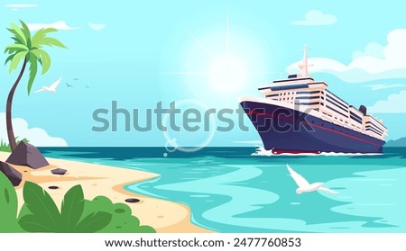 A cruise ship sailing near a tropical beach with palm trees and seagulls, in a bright and colorful illustration. Concept of vacation and travel. Vector illustration