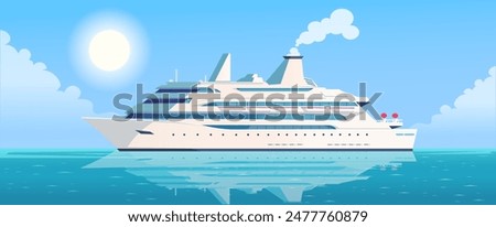 Large cruise ship on the calm ocean, clear blue sky with sun and clouds in the background. Vector illustration