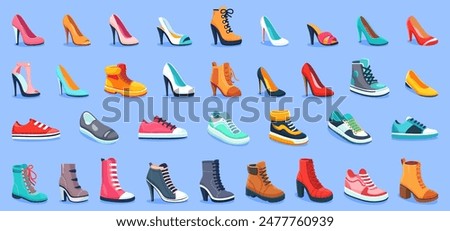 Various shoes in different styles and colors displayed in rows on a blue background. Concept of fashion shoes. Vector illustration