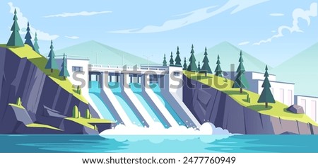 Hydroelectric dam with flowing water, modern vector illustration style, mountainous background, renewable energy concept. Vector illustration