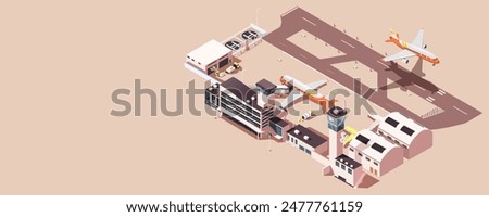 Isometric illustration of an airport with planes and surrounding buildings on a beige background, concept of aviation logistics. Vector illustration