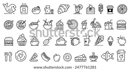 Various food and beverage icons set on a white background. Vector illustration