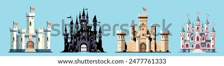 Four different castle designs, flat graphic style, light blue background. Concept of fantasy architecture. Vector illustration