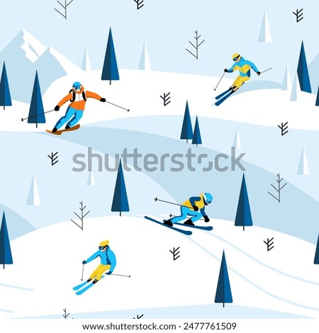 Skiers descending a snowy mountain with trees on slopes, flat design, light blue background. Winter sports adventure concept. Vector illustration