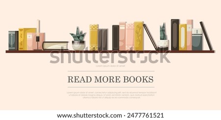 Shelf with books, plants, and a candle, flat design style, on a light background. Concept of reading and literature. Vector illustration