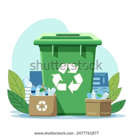 Green recycling bin with plastic bottles on baskets, on white background. Concept of waste management. Vector illustration