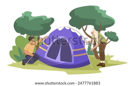 People setting up a tent in the outdoors, flat design, on a white background. Concept of camping and outdoor activities. Vector illustration