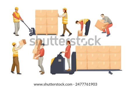 Workers in uniforms handling packages using various methods on a white background. Concept of logistics and warehouse operations. Vector illustration