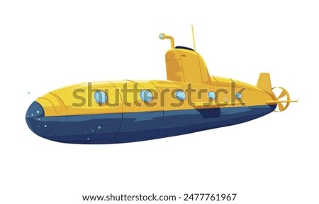 Yellow and blue submarine with portholes, on a white background. Concept of underwater exploration. Vector illustration