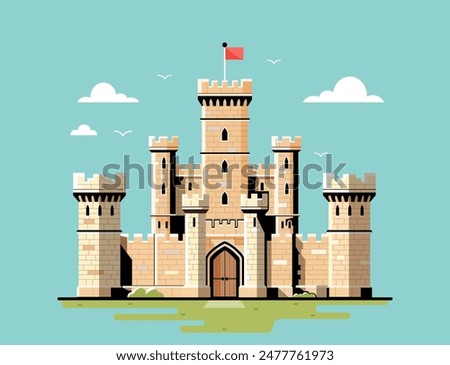 A castle with towers and a red flag on a blue sky background. Vector illustration