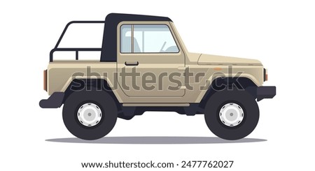 Illustration of a beige off-road vehicle, flat graphic style, against a white background. Concept of adventure and outdoor travel. Vector illustration