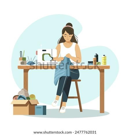 Woman sewing with a machine at a table, illustrated in a flat design style on a white and teal background. Concept of tailoring or crafts. Vector illustration