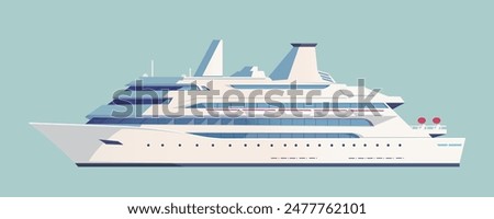 Illustration of a luxury cruise ship in a simple flat graphic style on a light blue background. Vector illustration