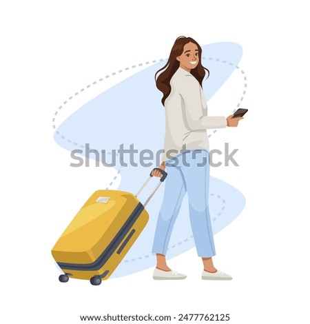 Similar – Image, Stock Photo Casual woman on airport terminal talking on the cell phone, waiting for flight departure with luggage on trolley cart.