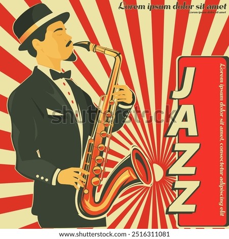 Jazz musician playing saxophone on retro poster. Vector illustration