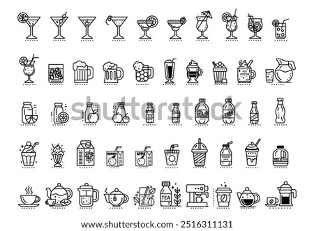 Set of beverage icons including cocktails, juices, and hot drinks. Vector illustration