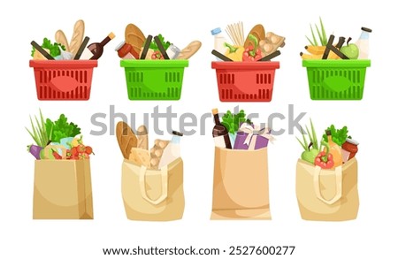 Grocery baskets and bags filled with food items. Vector illustration